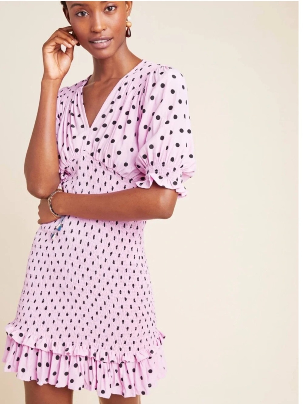 Faithfull The Brand Polka Dot Puff Sleeve Smocked Mini Dress S